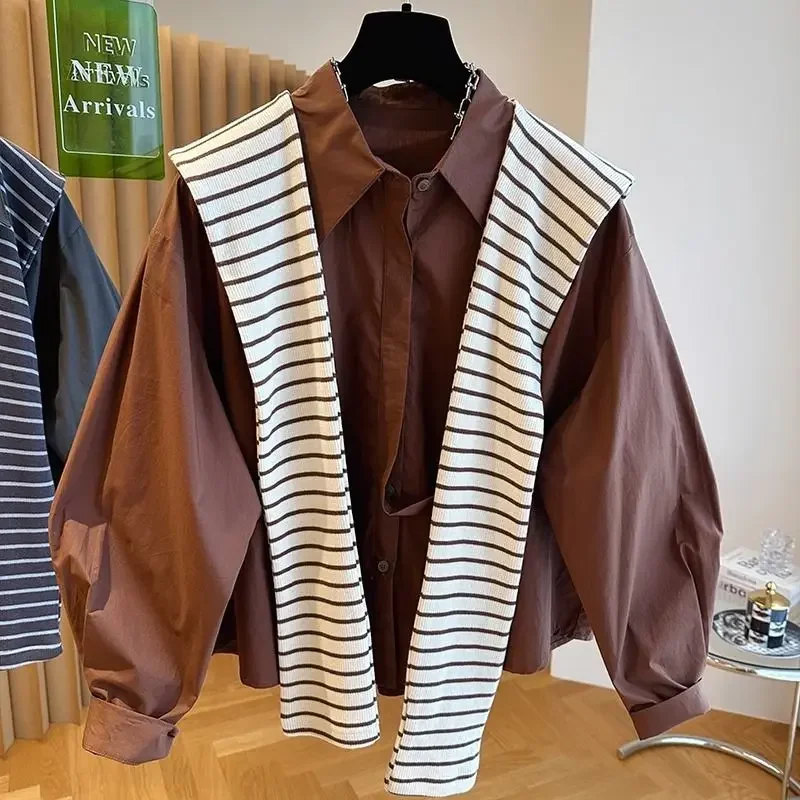 Design Sense Loose Striped Shawl Shirt Two-piece Top For Women's Spring And Autumn Casual Short Long Sleeved Shirt B853