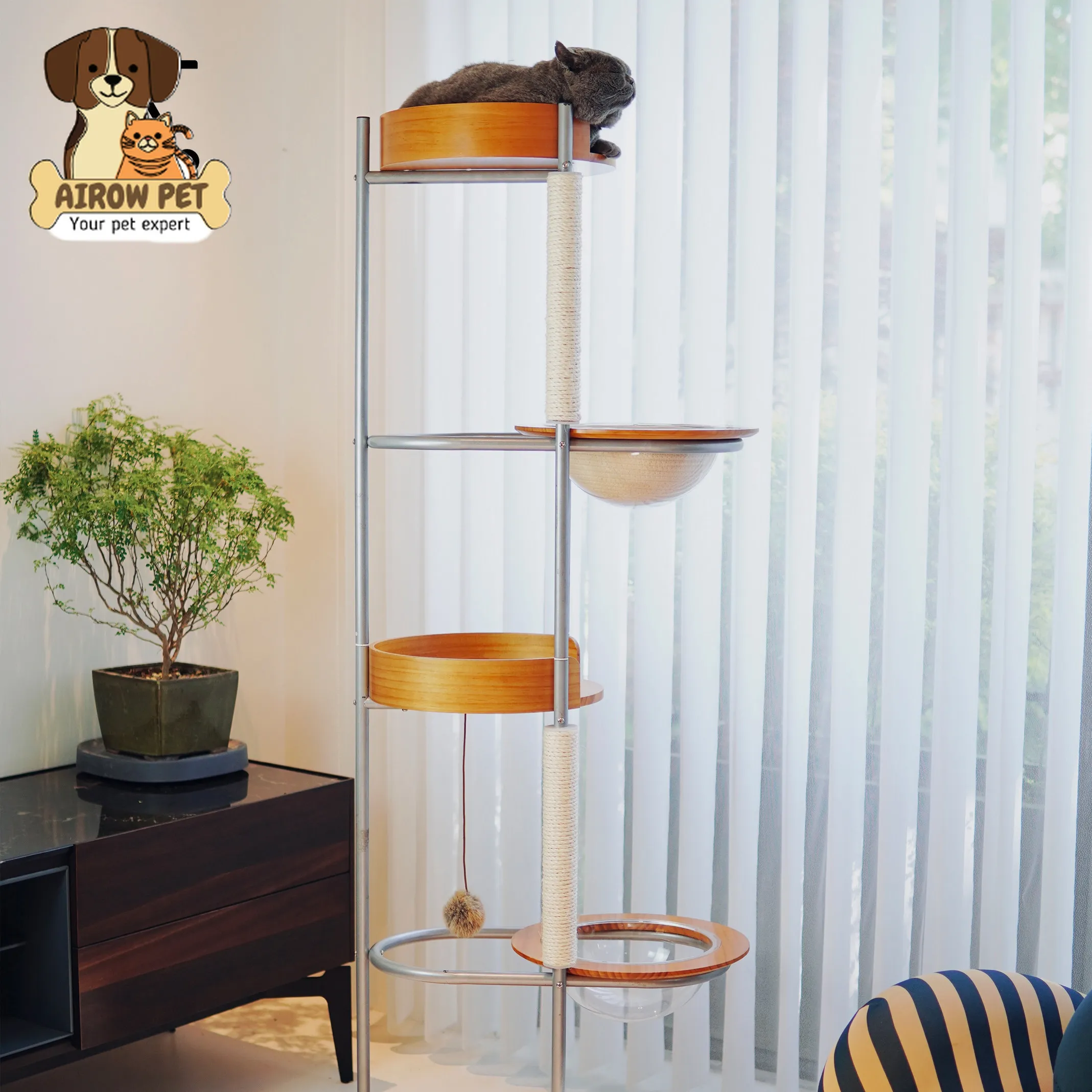 AIROW Minimalist Solid Wood Cat Tree, Space Capsule Cat Nest Stylish Indoor Pet Activity Tower
