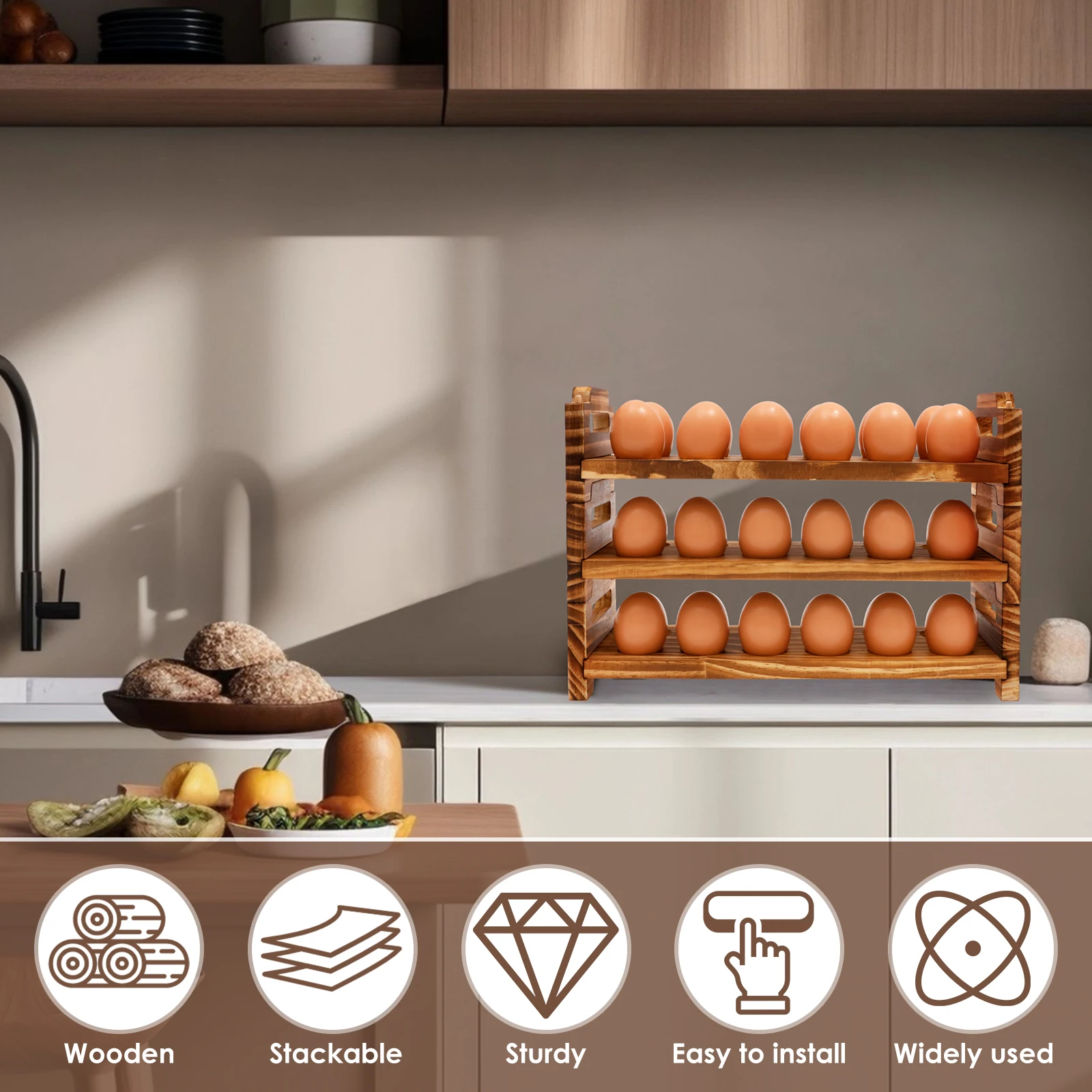 Porte-œufs en bois à 3 niveaux, solide, empilable, support de collecte jusqu'à 36 œufs frais pour la maison, armoire de cuisine, réfrigérateur