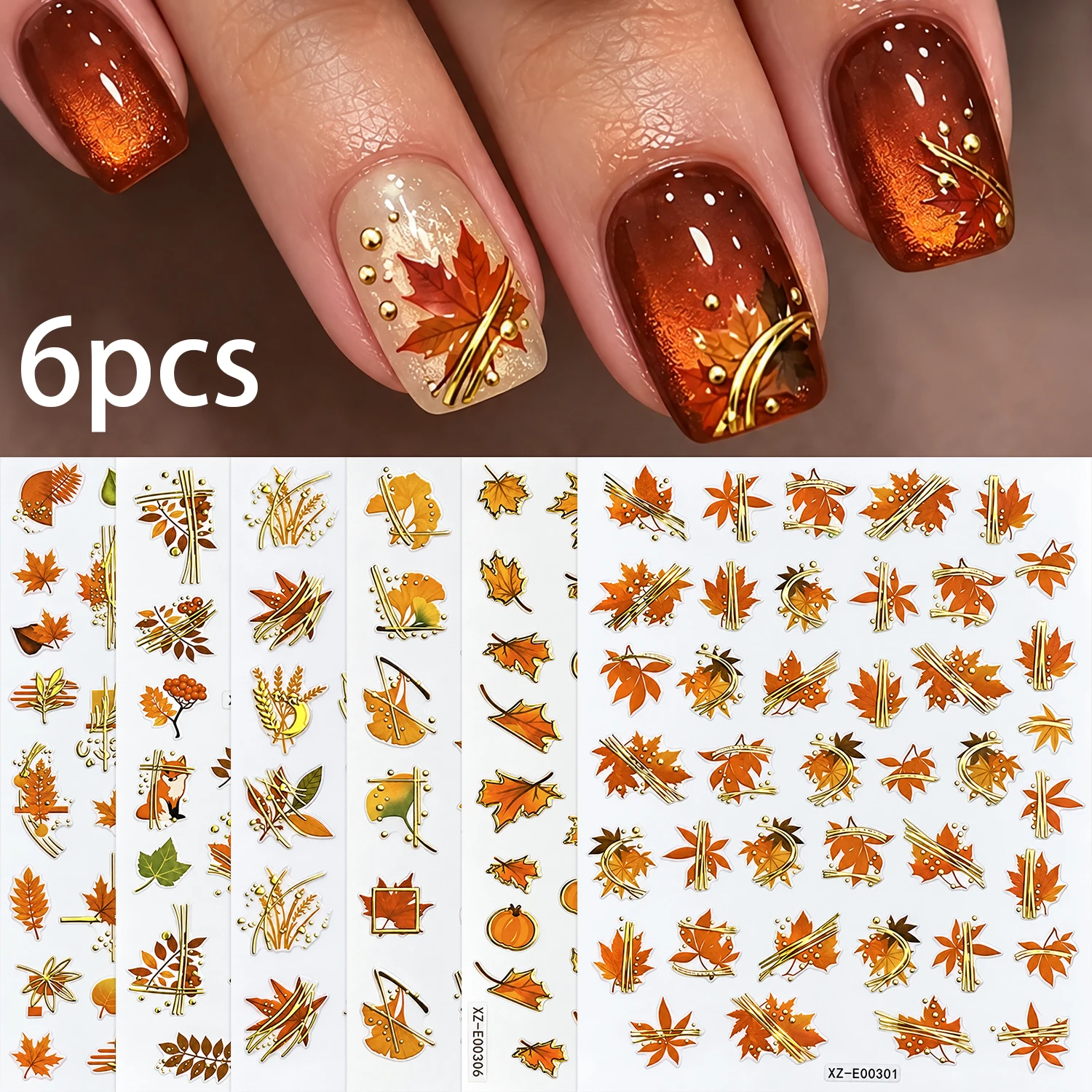 6Pcs Gold Bronzing Autumn Nail Stickers Maple Leaf Pumpkin Wheat Ginkgo Leaves Nail Decals Fall Thanksgiving Manicure Decoration