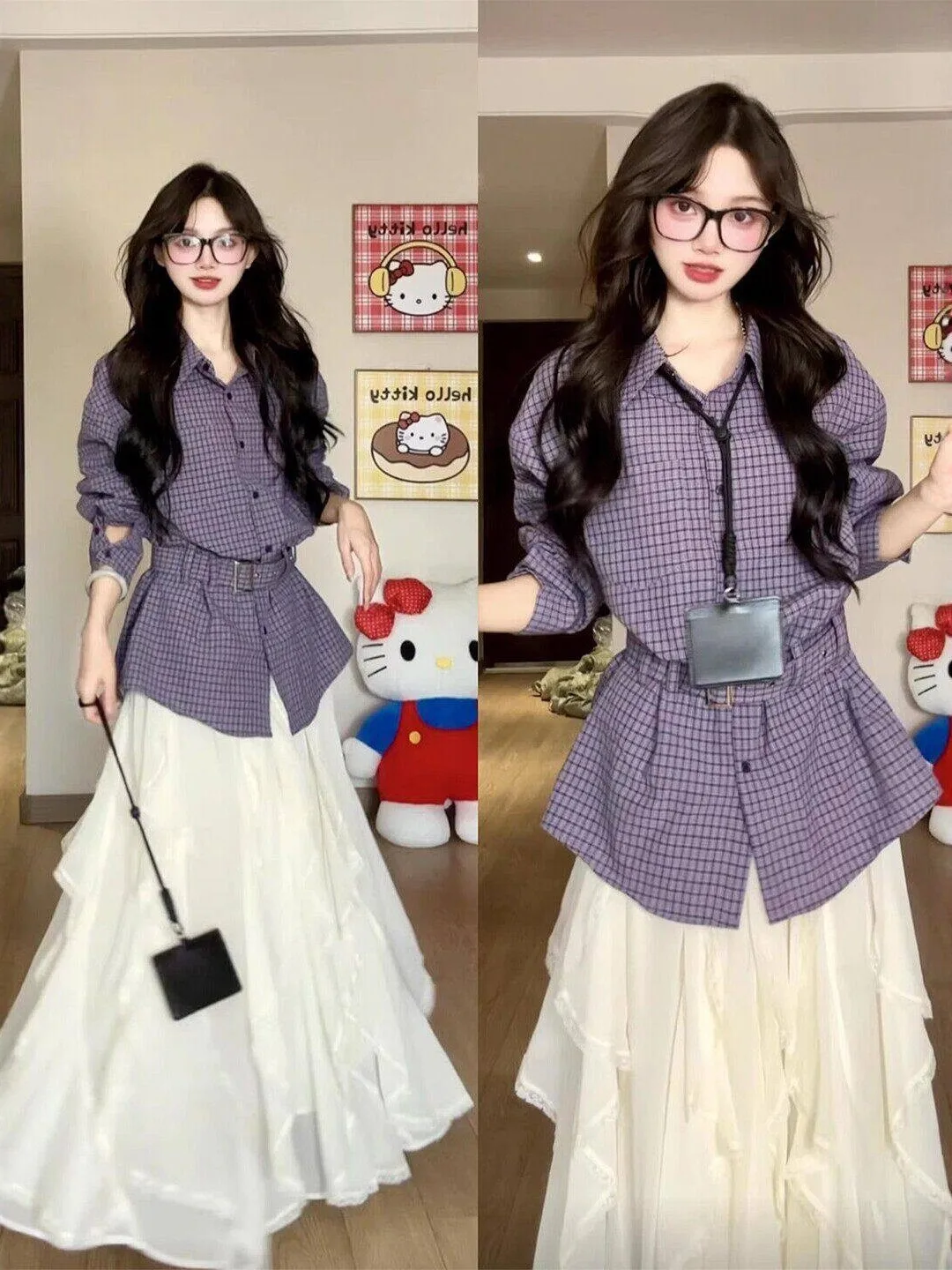 

Корейская женская рубашка в фиолетовую клетку с воротником, весна 2026, новая коллекция, премиум-класс, с поясом на талии, верхняя одежда