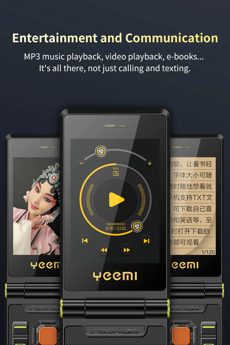 YEEMI M7+ Flip Mobile Phone LTE 4G Double Screen 2300 mAh MP3 MP4 Dual SIM Large Button SOS Quick Dialing Loud Sound CellPhone