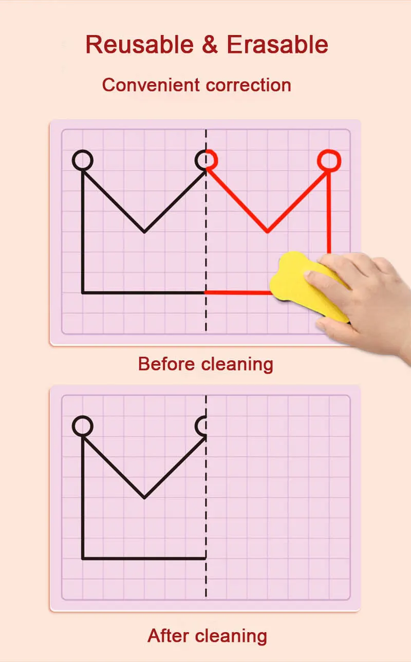 30 Page Children's Grid Symmetrical Drawing Toy Focuses on Fine Motor Skills Writing and 4-Color Brush Control Training Drawing