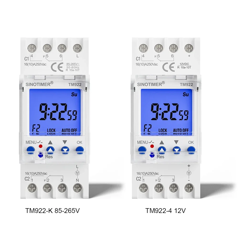 SINOTIMER TM922 2-kanałowy Programowalny 24-godzinny Zegar z Przedziałem Sekundowym Cyfrowy Wyłącznik Czasowy na Szynę DIN 7-dniowy Przekaźnik Czasowy G488