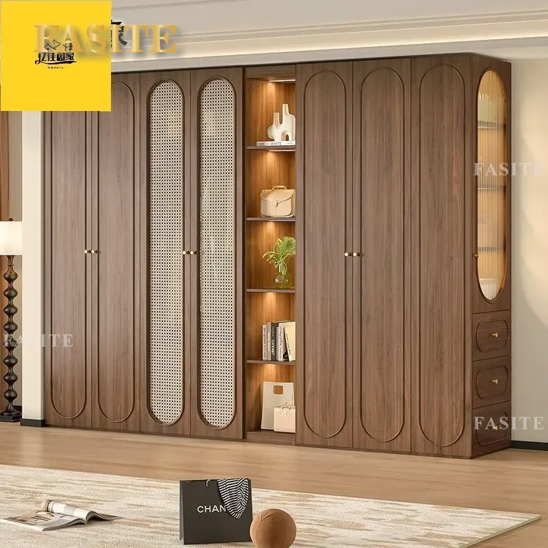 For Home Bedroom New Medieval Style Fashion Imitation Rattan Wardrobe Retro American European Pine Board Storage Cabinet