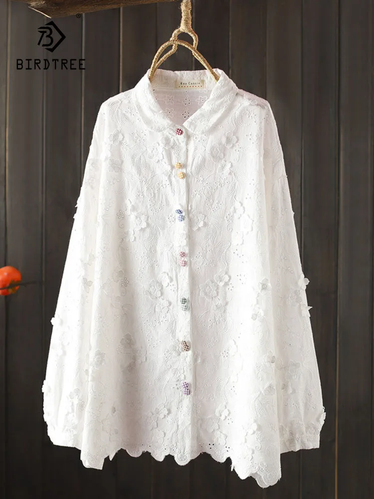 

New 2026 Spring Cotton Long Sleeve Shirt, Women Turn-down Collar Embroidery, Mori Girl French Hollow-out Loose Blouse T5D527CC