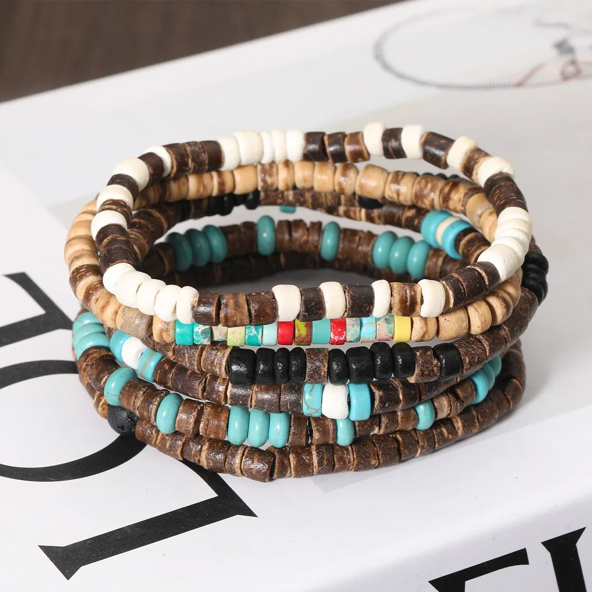 Turquoise Stone Wood Beads Bracelet Stackable Elastic Bracelet For Men and Women Retro Boho Vacation Jewelry 1pcs view 5
