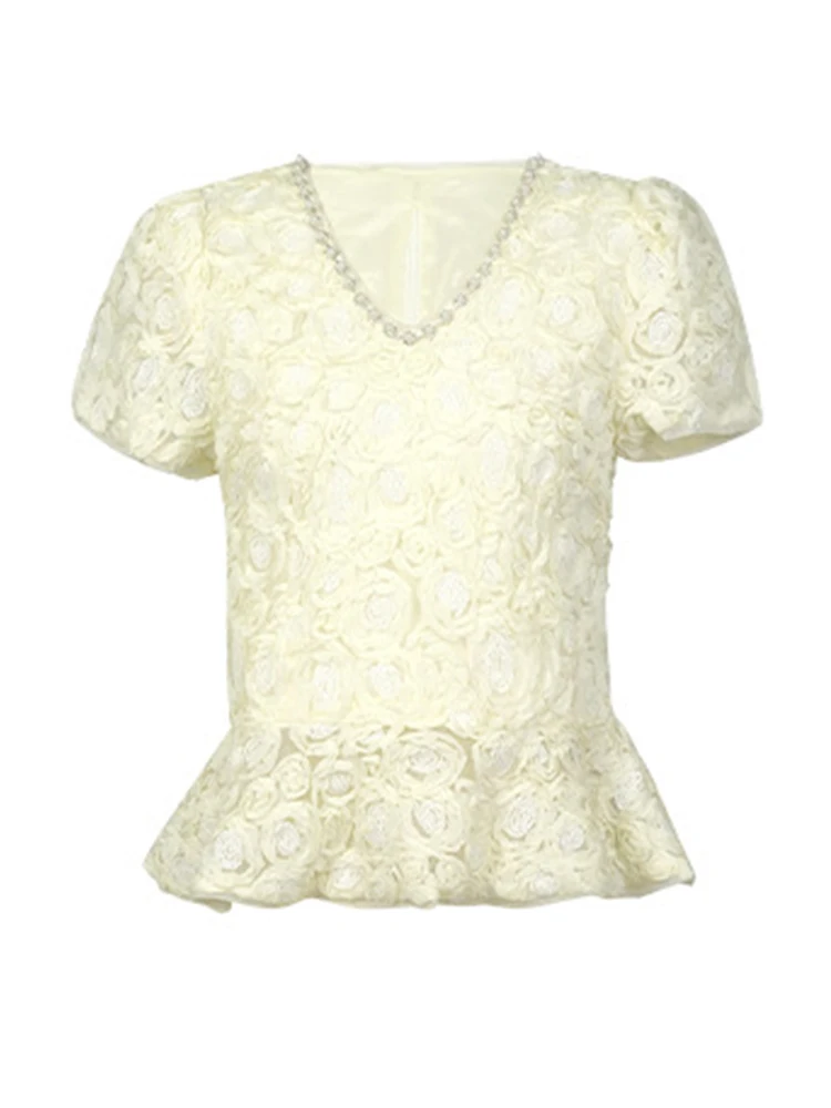 Nueva ropa de Mujer, blusa de perlas con cuello en V Floral rosa en 3D, Tops ajustados de encaje, camiseta Formal elegante a la moda para fiesta, camiseta informal de verano para Mujer