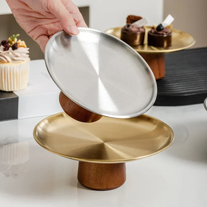 Brushed Stainless Steel Tray with Wooden Base Round Pedestal Tray Gold Silver Dessert Stand Euro-Simple Style Premium Home Decor