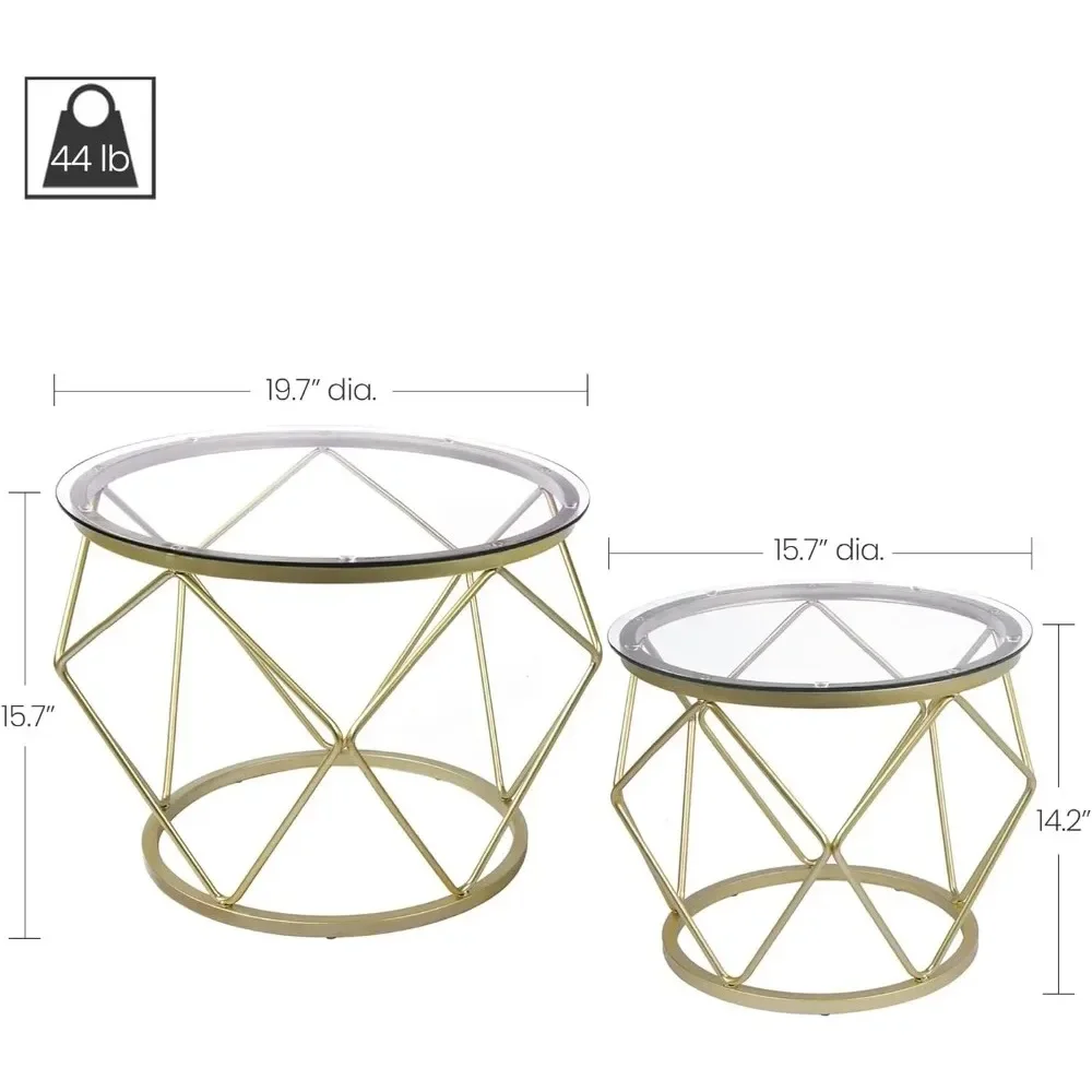 Ensemble de 2 tables basses dorées, table d'appoint ronde avec cadre en métal et plateau en verre du Guatemala, table d'appoint moderne