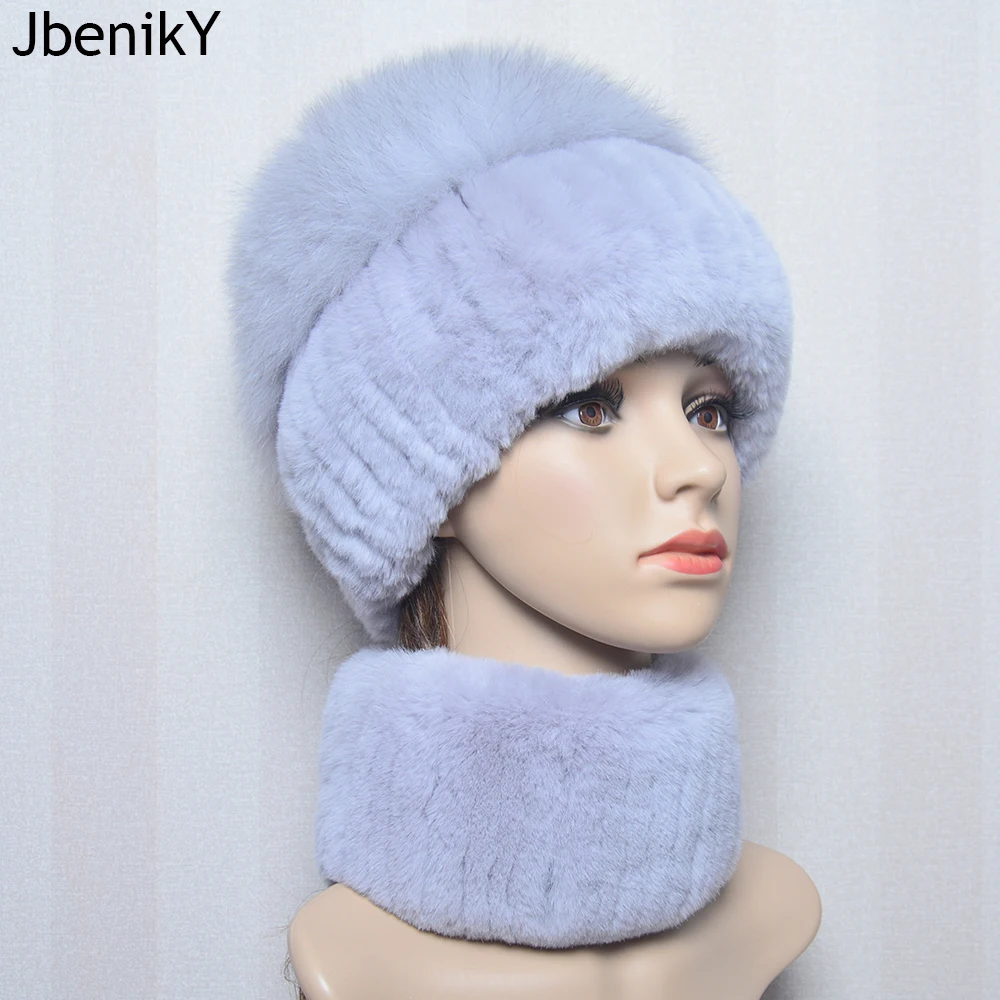 

New Winter Lady Brand Hand Make Real Genuine Fox Fur Hat Scarf Girls Natural Real Rex Rabbit Fur Ring Cap Real Fur Scarves Hats