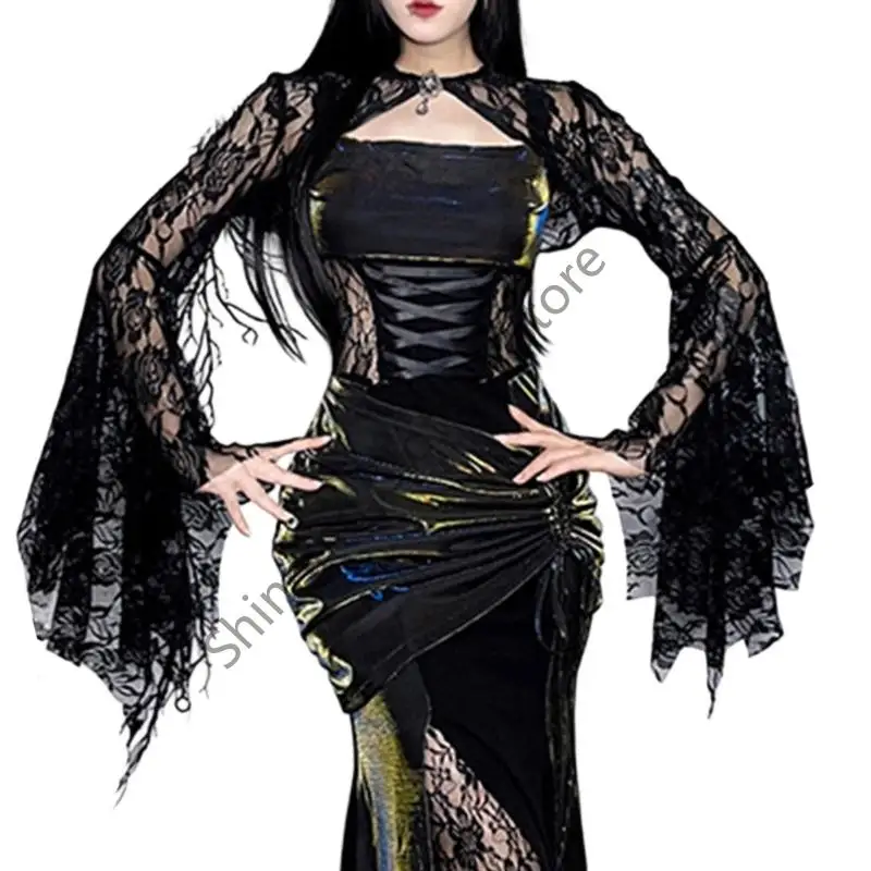 M68A القوطية الدانتيل أجنحة الخفاش كم غير المتكافئة هيم بلوزات الصيف خفيفة الوزن للنساء البوليستر بلوزة غير رسمية #1