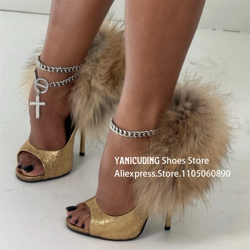 

Metallic Gold Fur Heels Luxurious Peep Toe Fluffy Stilettos Designer Style Handmade Slippers Elegant Style Women's Summer Heels