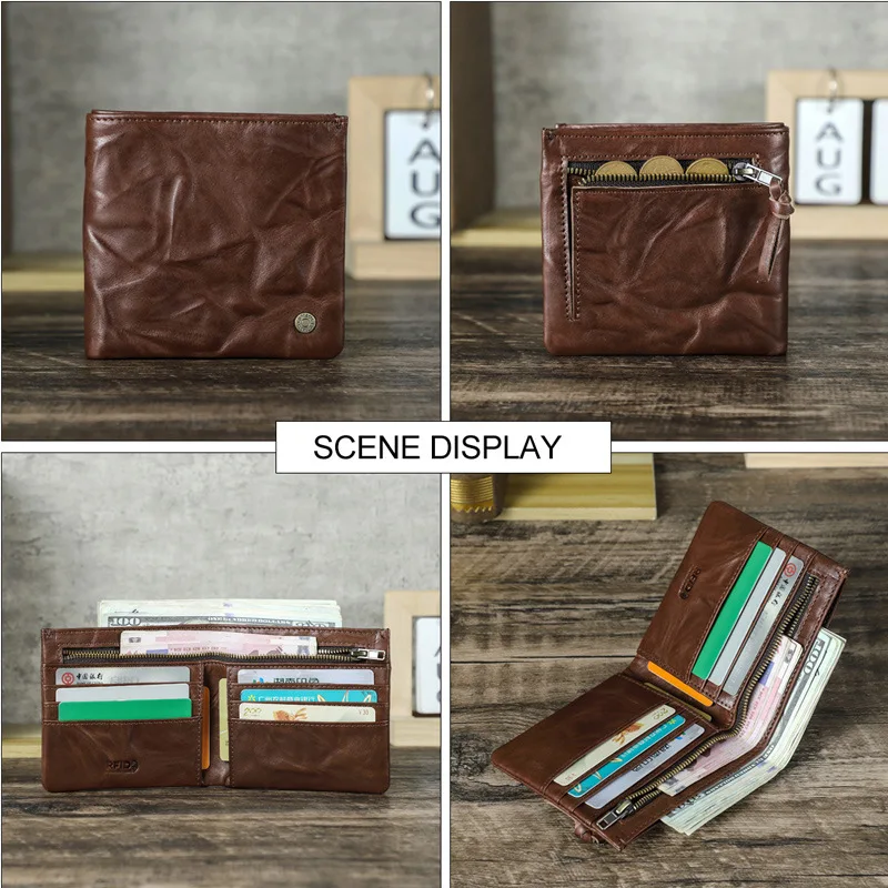 

Hand-held creased genuine leather men's short wallet, RFID large-capacity multi-slot multi-functional business wallet