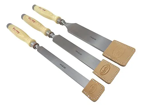 Bundle 3 Piece Set Timber Framing Firmer Chisels (1, 1-1/2 and 2 Inches) with Leather Edge Guards 19-1/2 Inches Overall