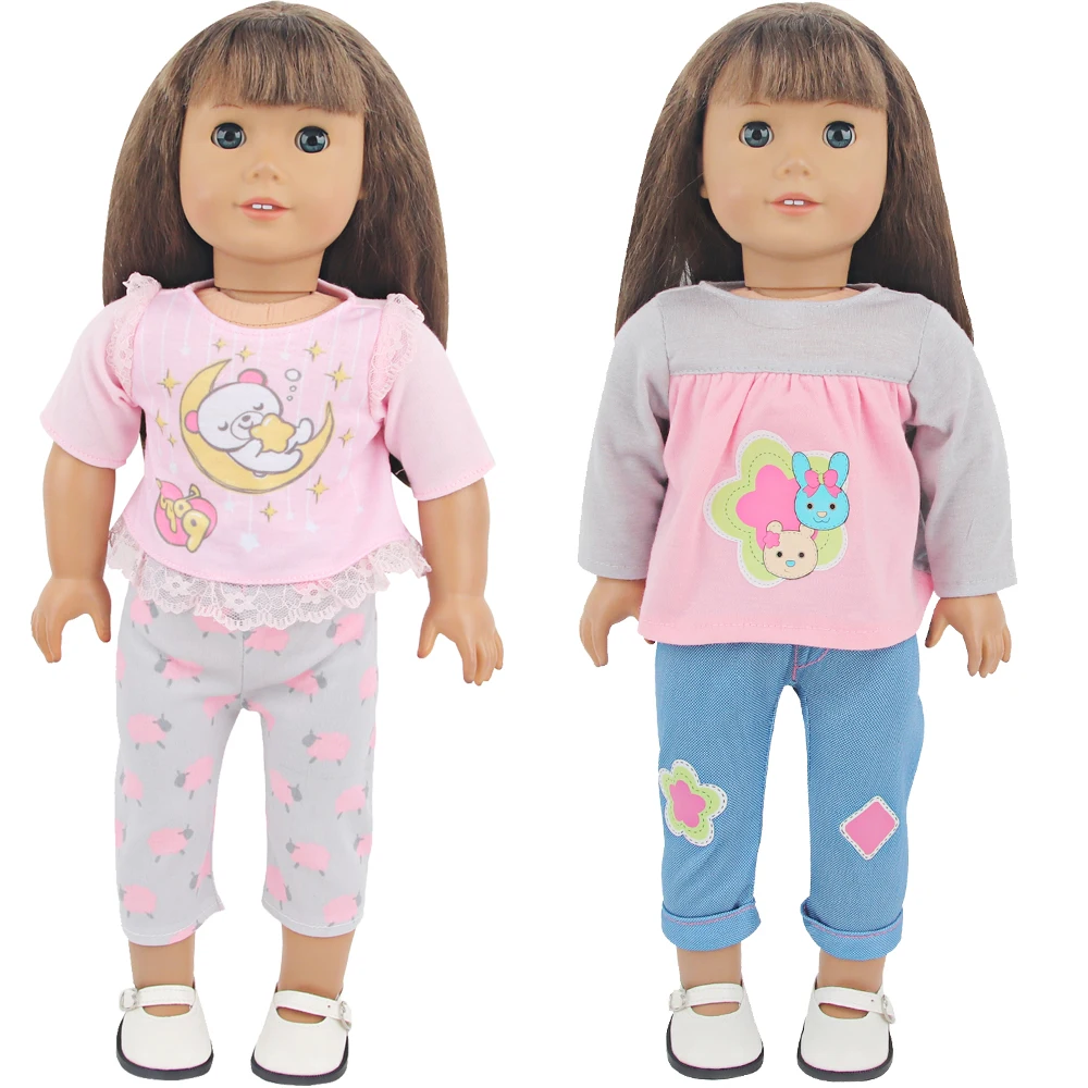 Lace T-Shirt+Pants Set For American 18 inches Girl Dolls Cute Cartoon Bear Rabbit Clothing Suit For 43cm Baby New Born Dolls Toy