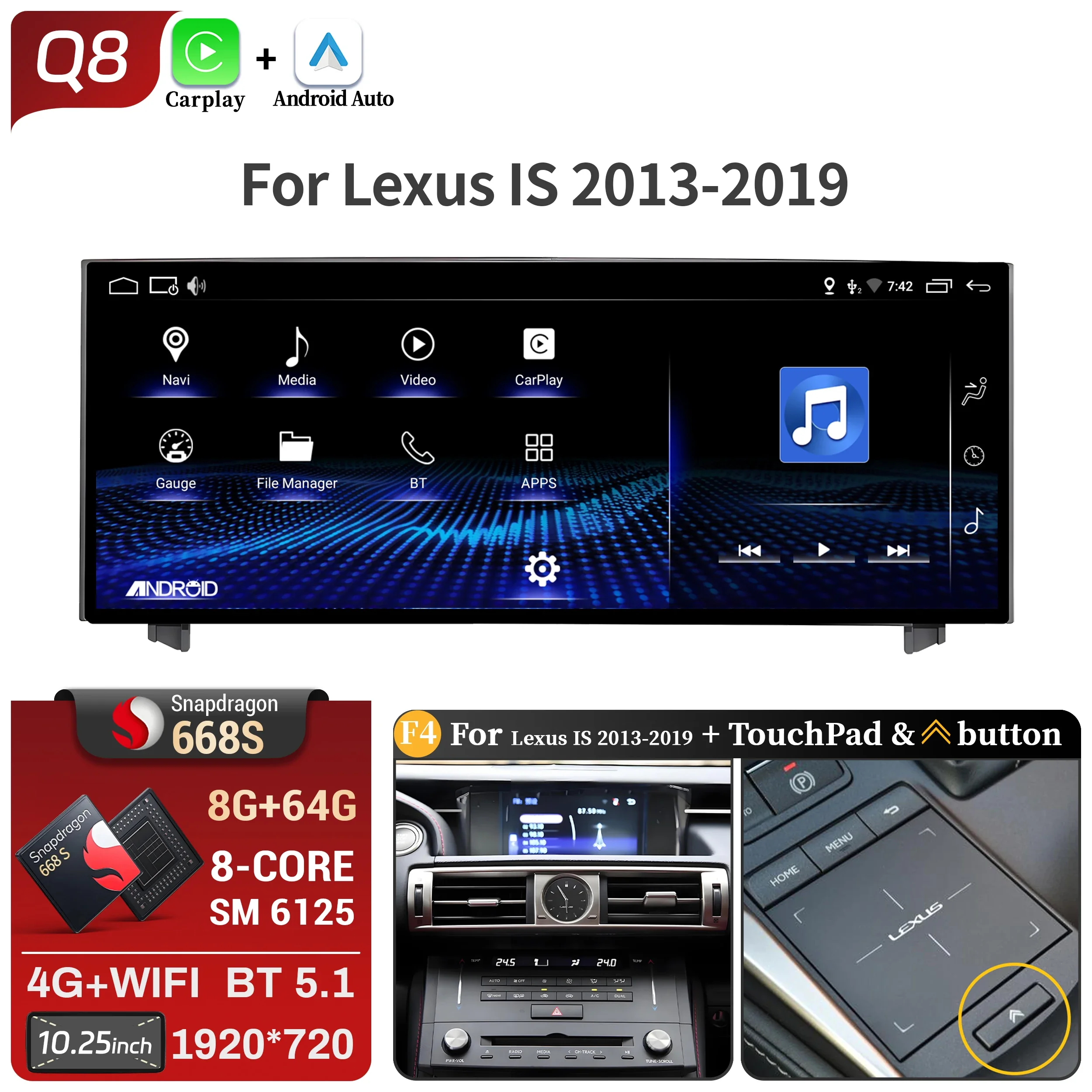 10.25"Android 14 For Lexus IS RC 200 250 300 350 200t 300h 2013-2019 Car Radio Multimedia CarPlay Snapdragon 668S Touch Screen image 3
