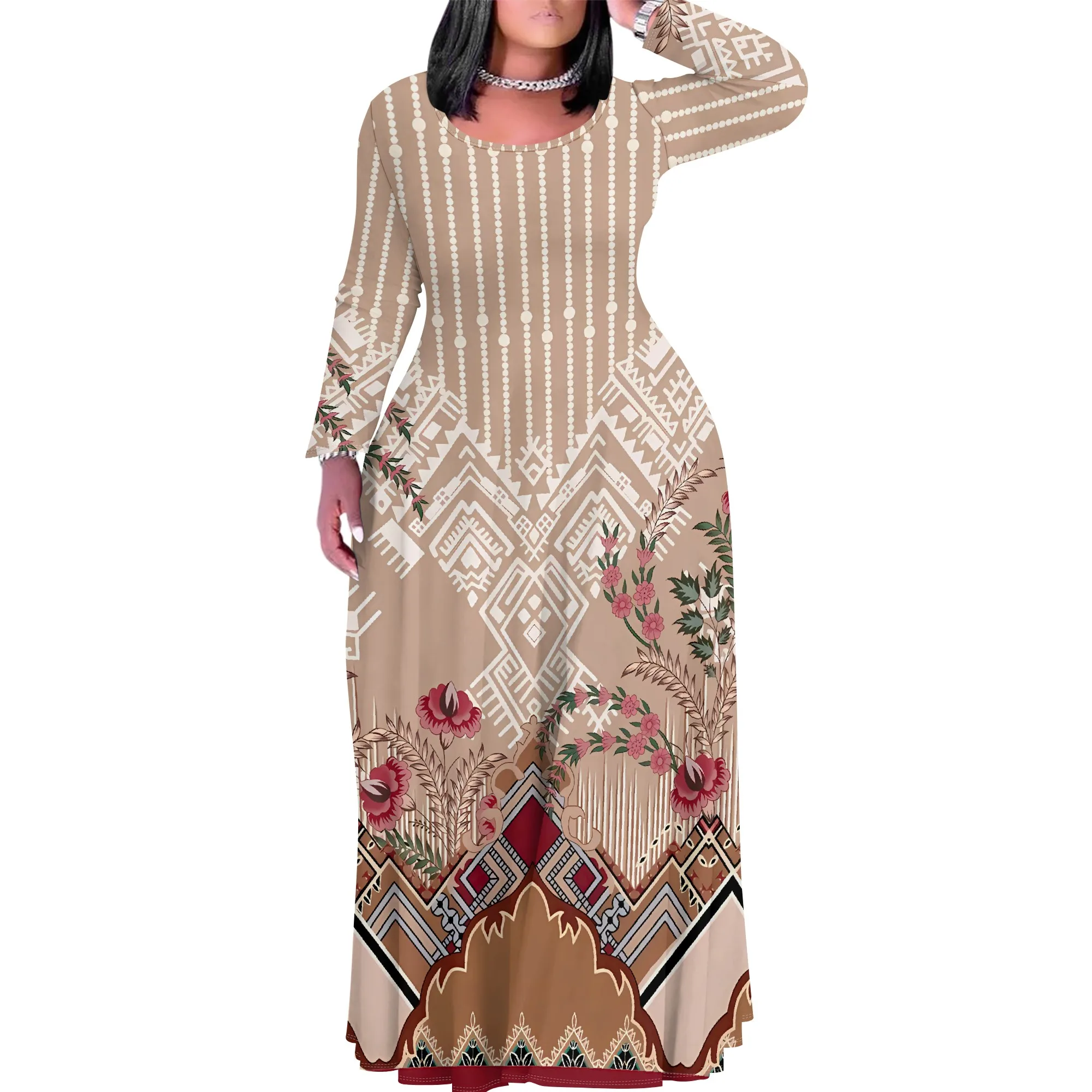 Nupusa Geometric Floral Print Dress for Women Regular Size Casual Round Neck Long Sleeve Maxi Dress