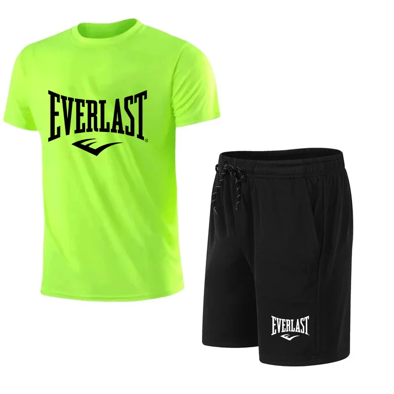 2024 New Fashion EVERLAST Men\'s T-shirt + Shorts 2pcs Set Leisure Breath Short Sleeve Sport Jogging Gym Brand Print Clothing