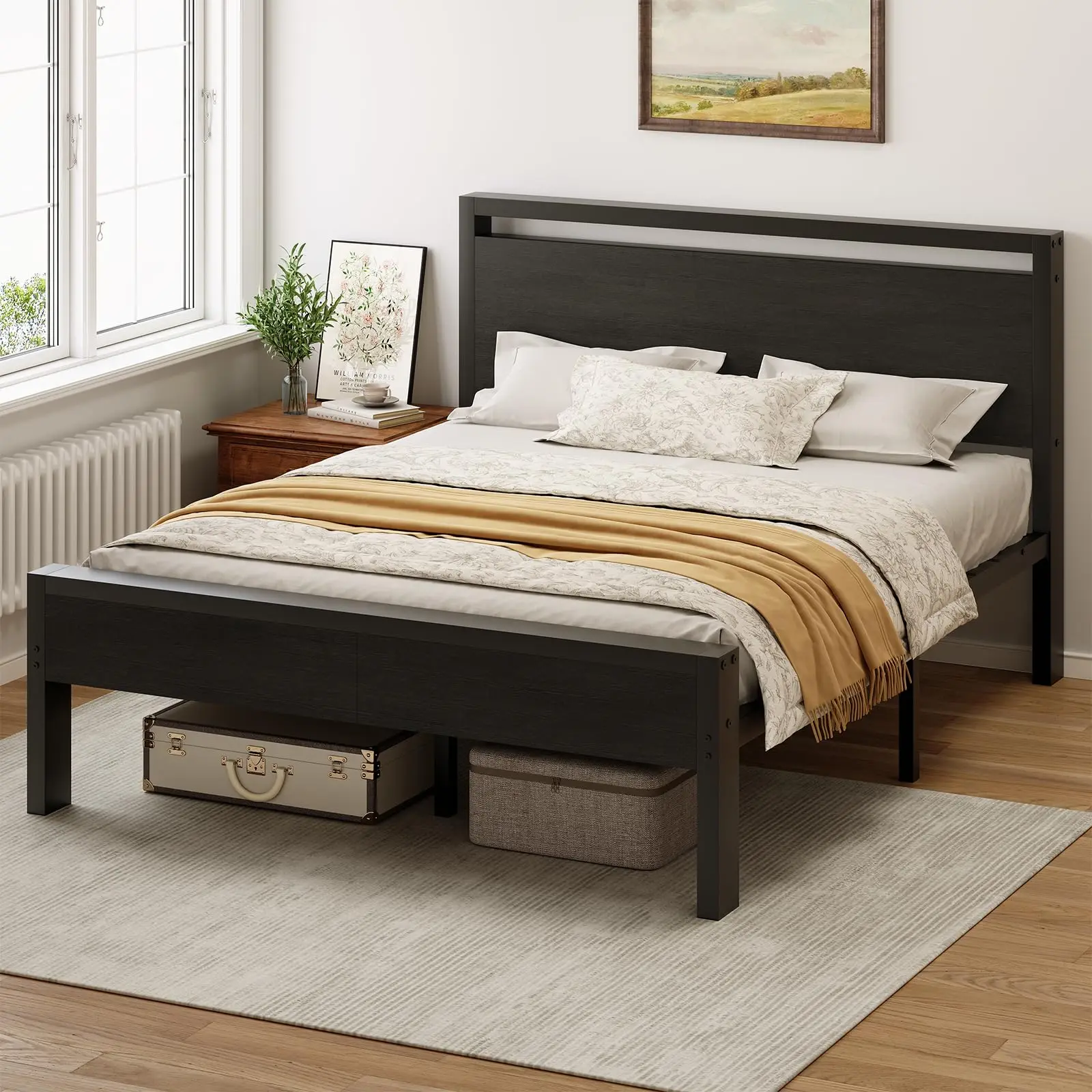 14 Inch Queen Bed Frame with Wood Headboard, Black