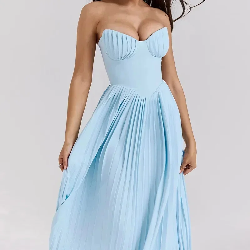 Elegant Pleated Hem Maxi Dresses Women Sexy Corset Wrap Luxury Sleeveless High Waist A Line Robe Summer Holiday Party Vestidos