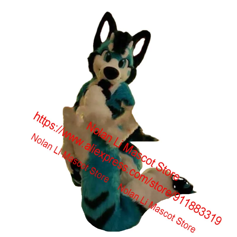 

High Quality Adult Blue Long Haired Husky Fox Wolf Dragon Mascot Costume Cartoon Suit Cosplay Birthday Party Holiday Gift 1051