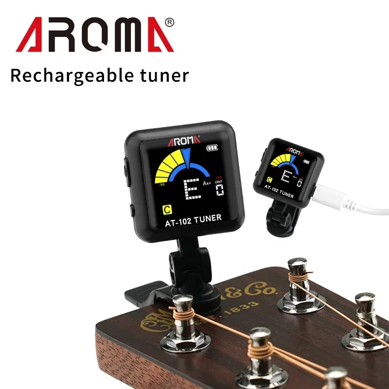 AROMA AT-102 sintonizador de guitarra recargable con Clip, pantalla a Color con batería integrada, Cable USB para guitarra cromática, bajo, ukelele