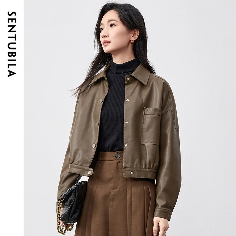 

SENTUBILA Fashion PU Leather Jackets Women 2025 Spring Turn Down Collar Vintage Streetwear Outerwear Ladies Clothes W51G58695