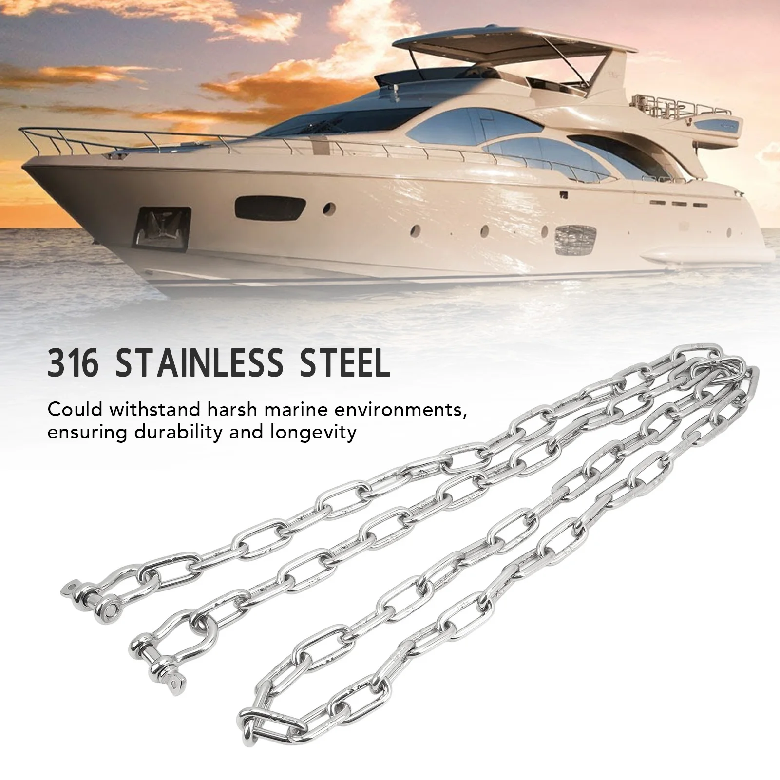 6.6ft Anchor Lead Chain Marine 316 Stainless Steel Central Ring Anchor Chain with Double 5/16in Shackle Link Ends for Ship Yacht