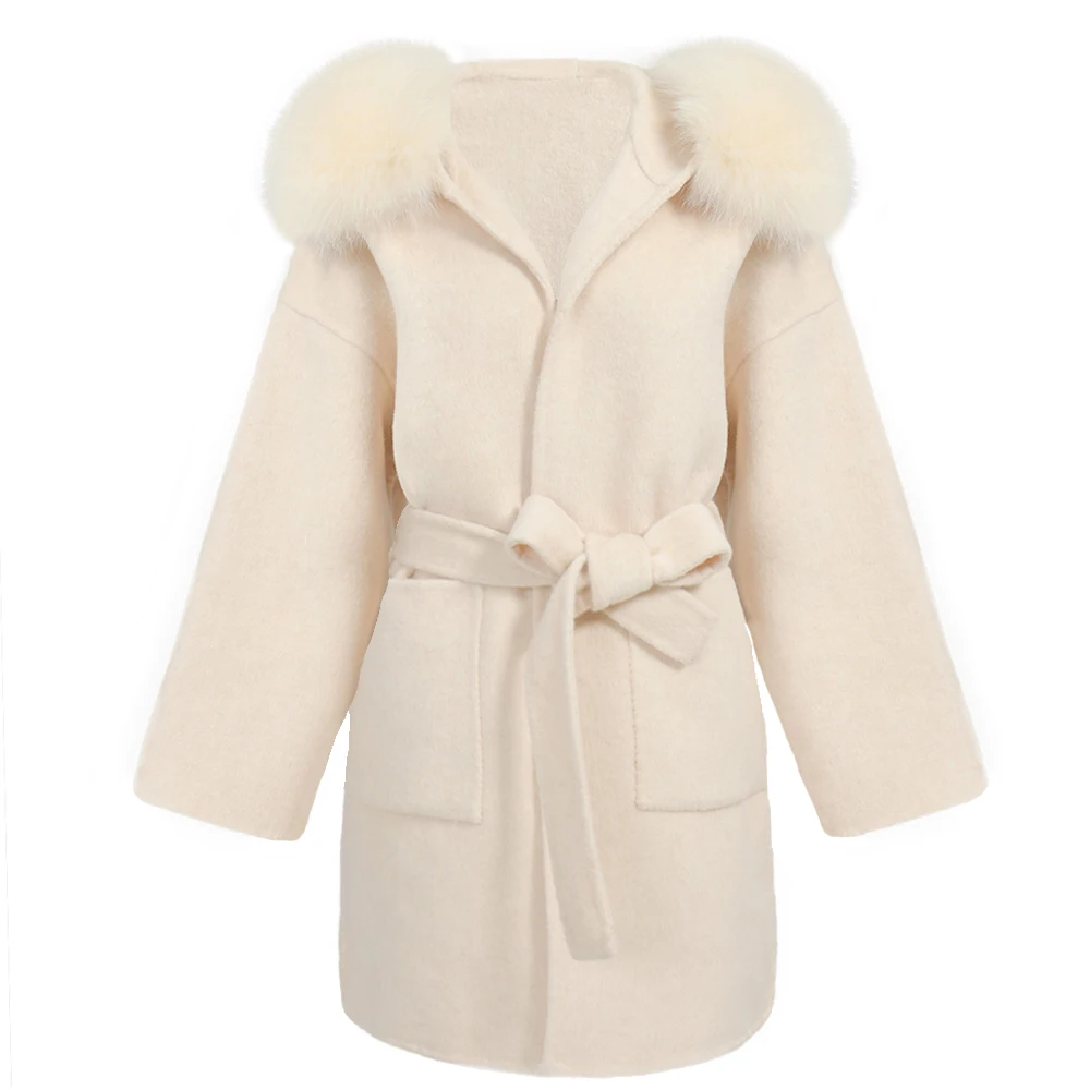 Jxwatcher wollen jas en mengsels mode middellange kasjmier jas met capuchon 100% echte vossenbontkraag manchetten winterjas voor dames