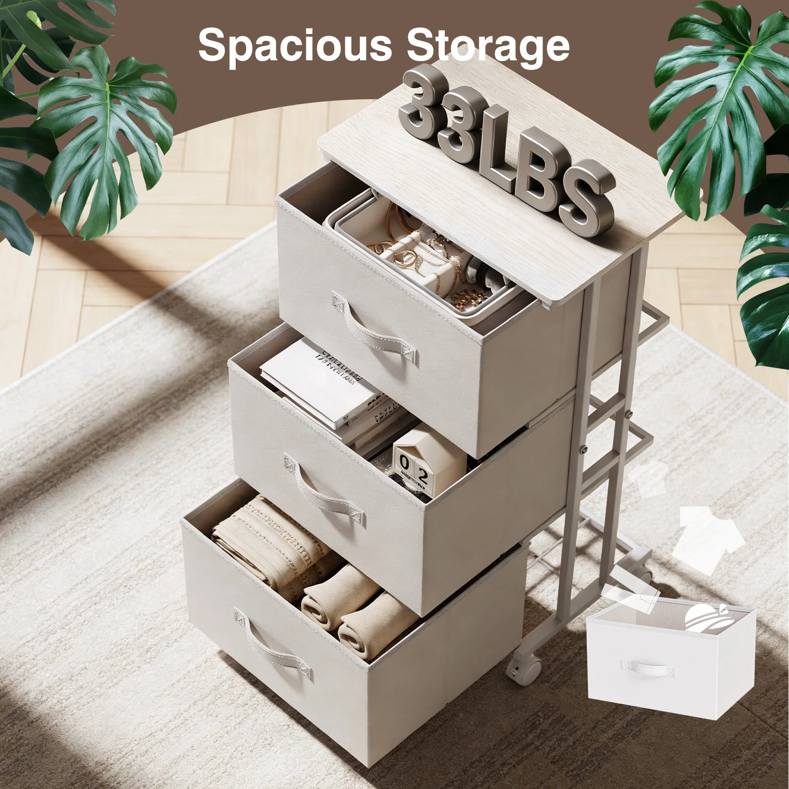 MCQ Movable Roller Cabinet With 3 Foldable Fabric Drawers Wooden Top Dresser Tables With Steel Structure Display Of Furniture image 4