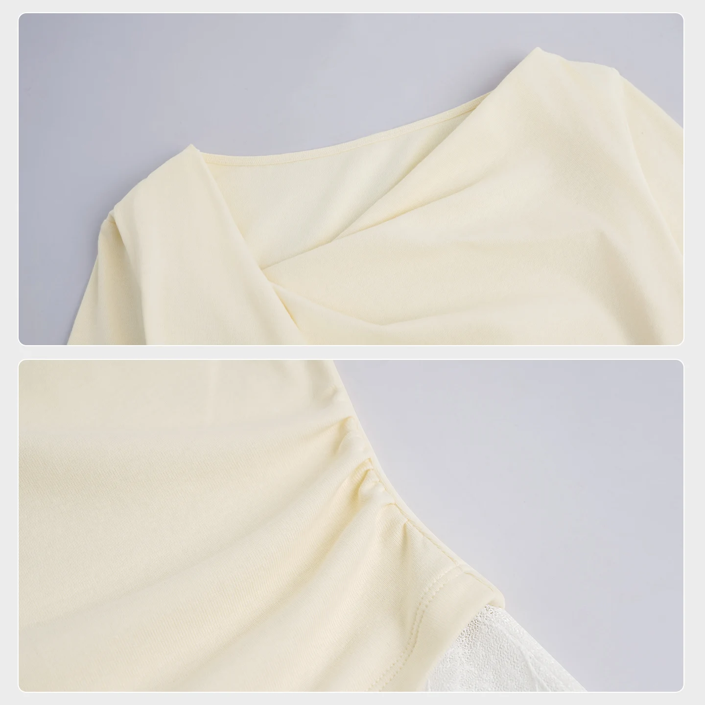 女性レーススプライスカジュアルブラウス優雅なダンストップ非対称ドレープ&繊細な蝶チョーカーガールコットン長袖シャツ