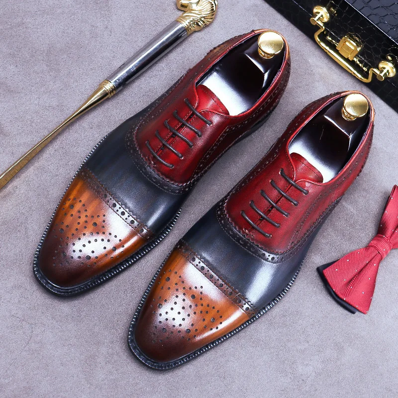 Fashion Brogue Formal Wedding Genuine Leather Shoes Point Toe Cowhide Color Stitching Color Matching Carved Business Men's Shoes