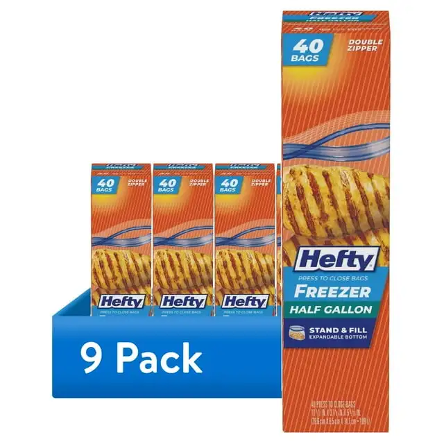 

(9 pack) Hefty Press to Close Plastic Freezer Bags, Half gallon Size, 40 Count