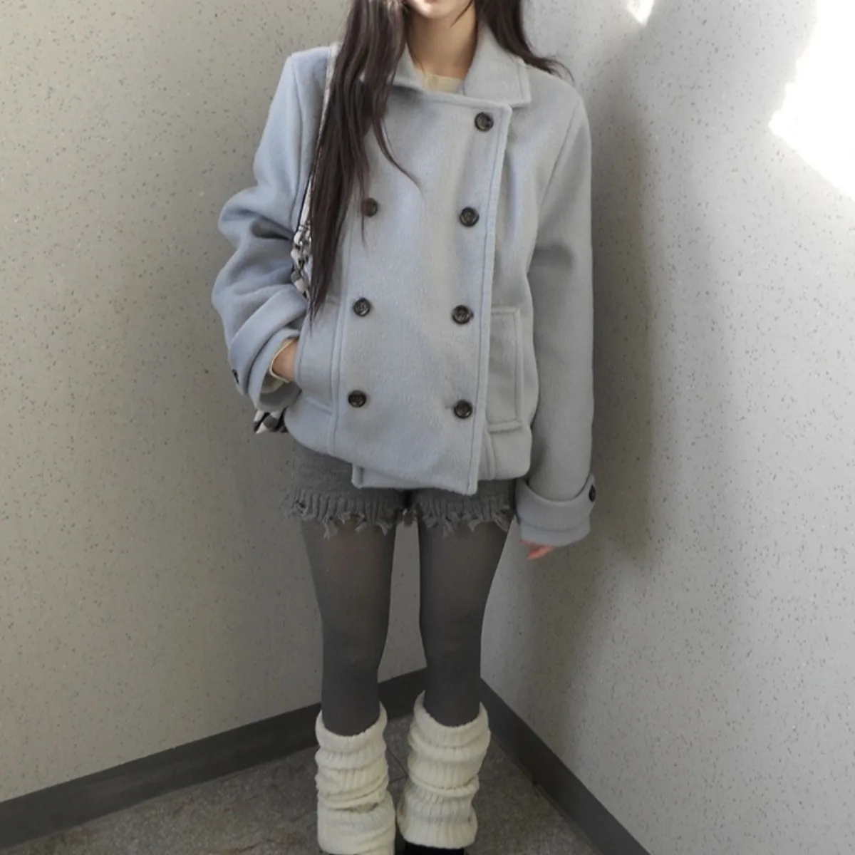 

Women's Woolen Jaet Double-Breasted Warmth oulder Pads Chic Autumn Winter New Sle Simple Match Cotton-lined Coat