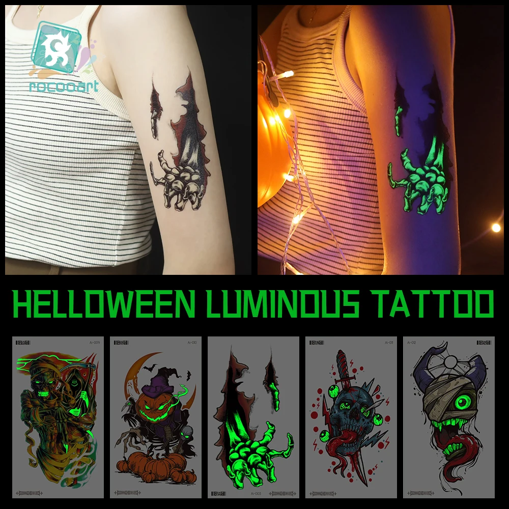 Pegatina de tatuaje luminoso para Halloween, tatuaje temporal impermeable, Cráneo, Eeyeball, fantasma, Araña, tótem cruzado, tatuaje falso