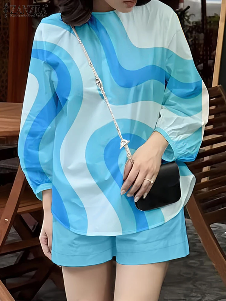 

ZANZEA Casual Color-Block 3/4 Sleeve Blouses Short Sets Korean Fahsion Solid Shorts Summer Woman 2 Piece Sets Two-Piece Outfits