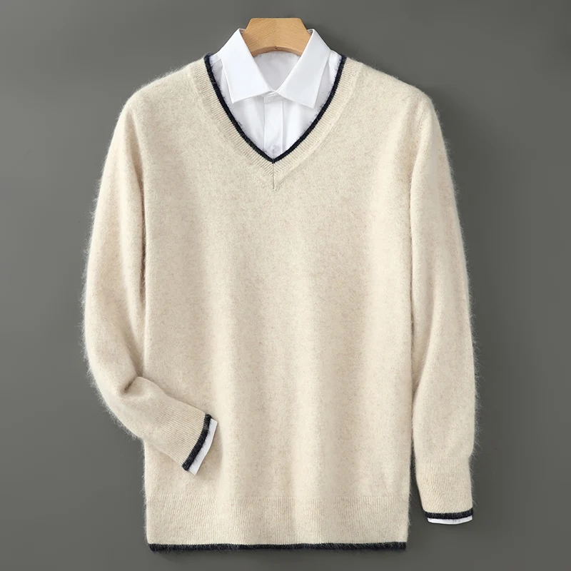 

Autumn Winter V-Neck Men's 100% Pure Mink Cashmere Sweater Casual Knitted Long Sleeved Sweater Loose Large Size Men's Clothing