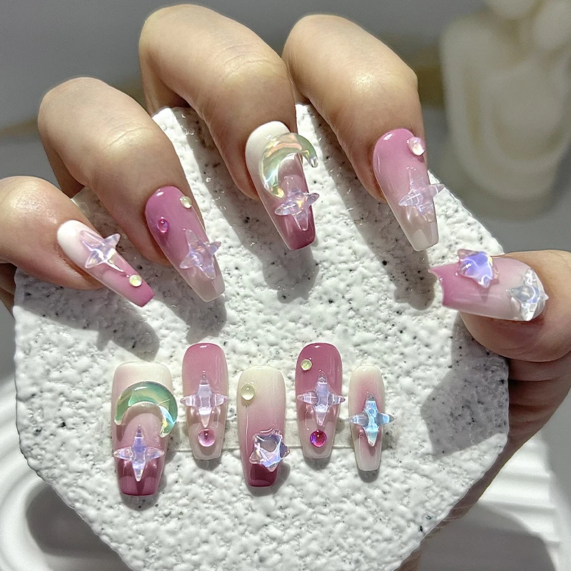 10 częściowe słodkie I urocze naciśnij na paznokcie ręcznie robione różowe gradientowe różowe marzenie gwiazdy księżyc fałszywe naszywki na paznokcie zdejmowane