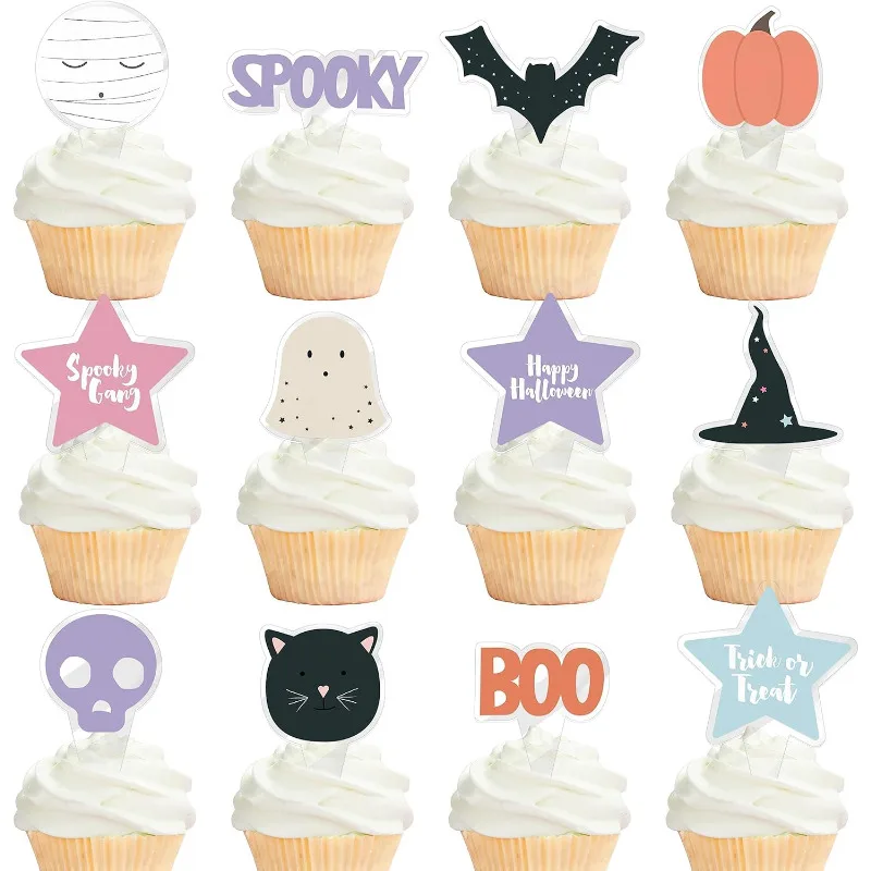 24Pcs Halloween Cupcake Toppers Pastel Pumpkin Ghost Bat Cat Cake Decoration for Halloween Theme Birthday Party Dessert Supplies