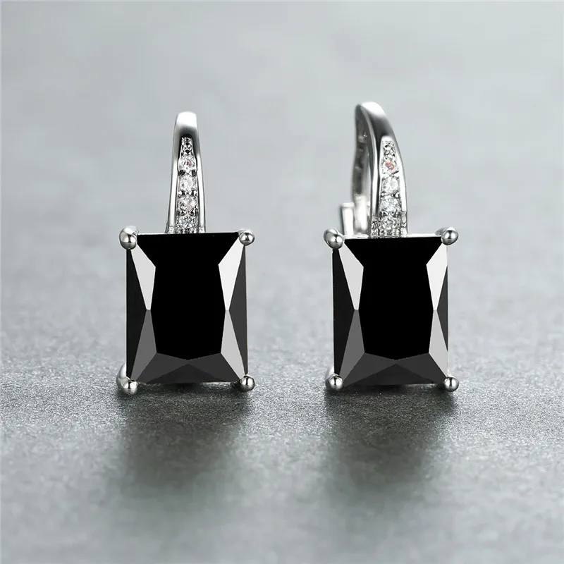 Female Luxury Crystal Hoop Earrings Multicolor Zircon Square Stone Earrings Boho Silver Color Engagement Earrings For Women Gift