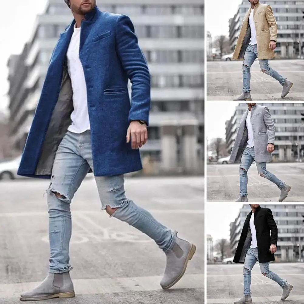 Thigh-length Wool Coat Elegant Men's Woolen Coat with Lapel Mid-length Overcoat Side Pockets Classic Single Breasted Long