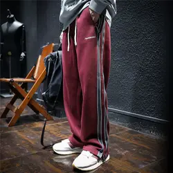 Harajuku Men Straight Stripes Sweatpants Korean Spring Autumn Male New Elastic Waist Zipper Pockets Loose Sports Casual Trousers