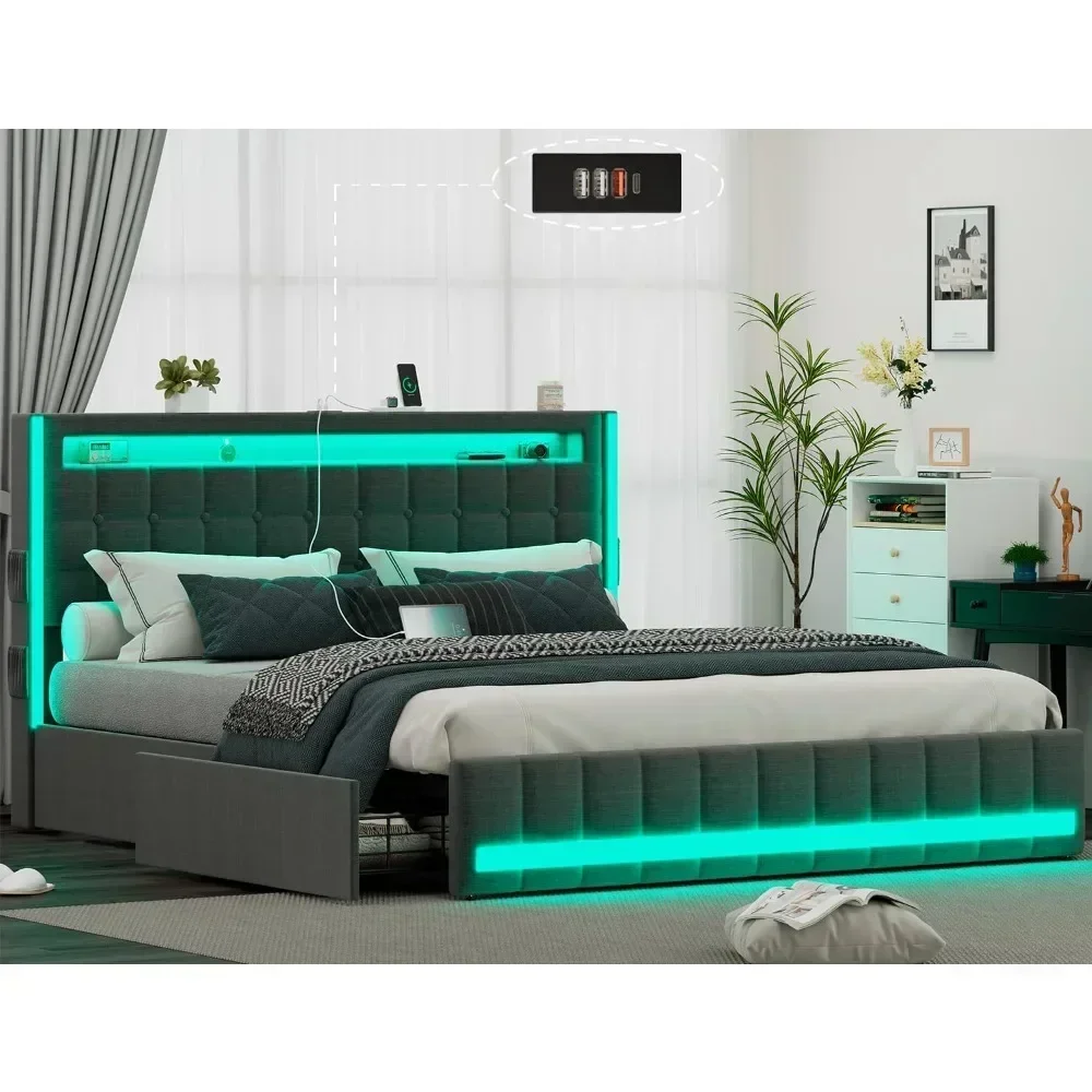 Upholstered full-size bed frame with 4 storage drawers, RGB LED lights, charging station, adjustable headboard, dark grey