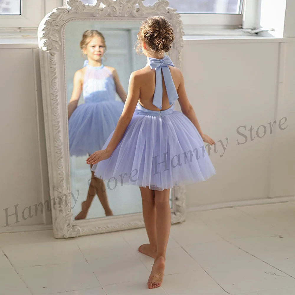 Lilac Fashion Flower Girl Dress Beading Halter Sleeveless Open Back Soft Tulle Comfortable Tutu Gown Birthday Party Dresses