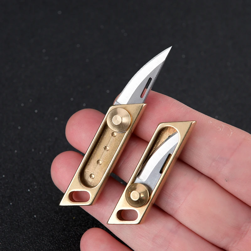 New Brass Mini Unpacker Open Courier Knife Carry Edc Keychain Pendant Gift Push Pull Unpacking Paper Cutter Tools