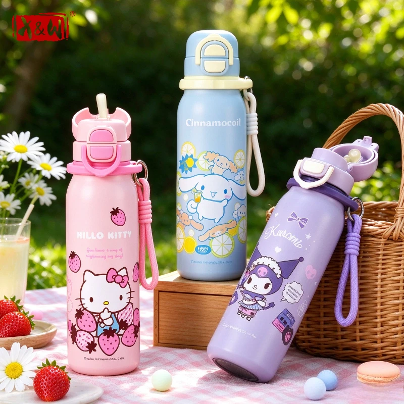 X&W Sanrio 580ml Thermos Cup 316L Stainless Steel Vacuum Flask Kid Dual-Drinking Straw Cup Portable Thermal Water Bottles Gift