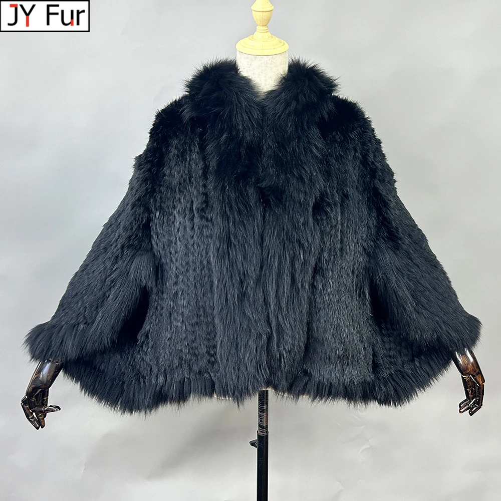 New Real Genuine Natural Knitted Rabbit Fur Shawl Coat With Fox Fur Collar Women's Fashion Knit Jacket Cape