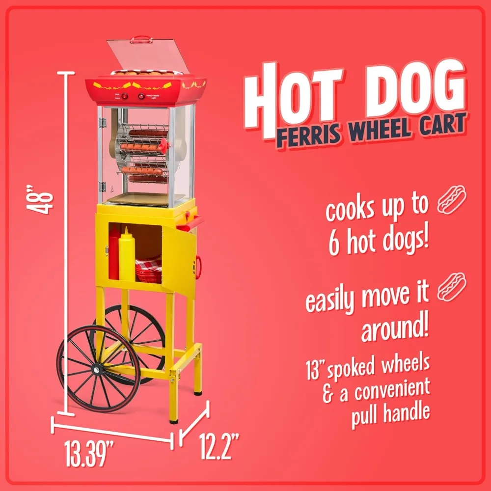 

Hot Dog Ferris Wheel - Retro Style Hot Dog Roller Cart Toaster - Classic 6-Piece Grill Machine with Bun Warmer, Push Handle