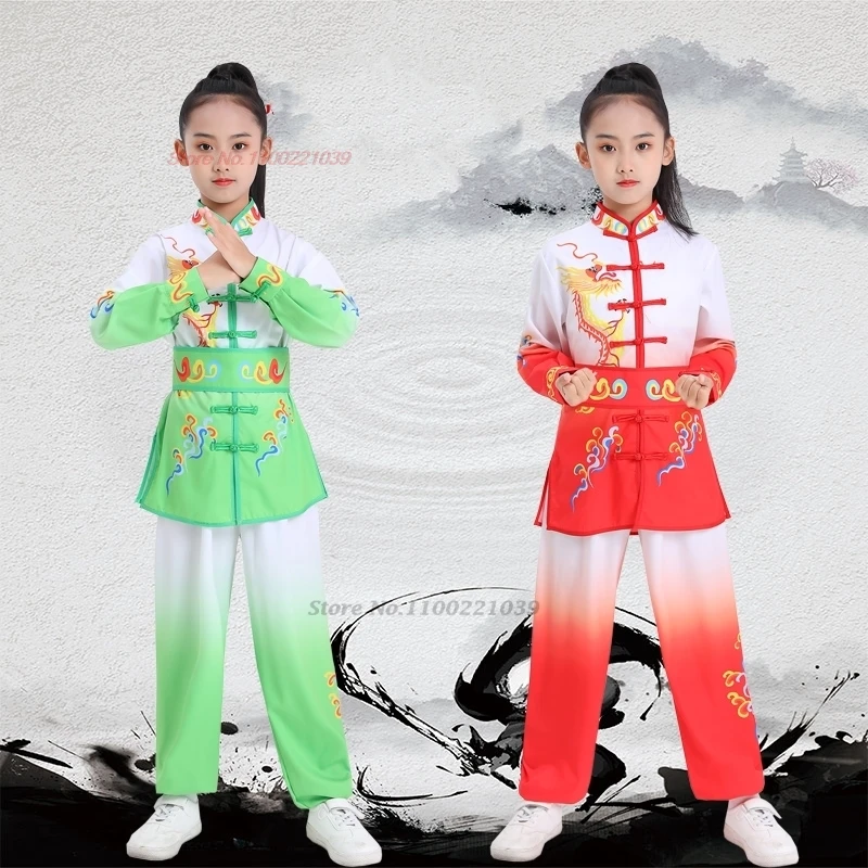 2024 chinese children wushu martial arts suit kung fu uniform shaolin training exercise dragon print gradient color kungfu set